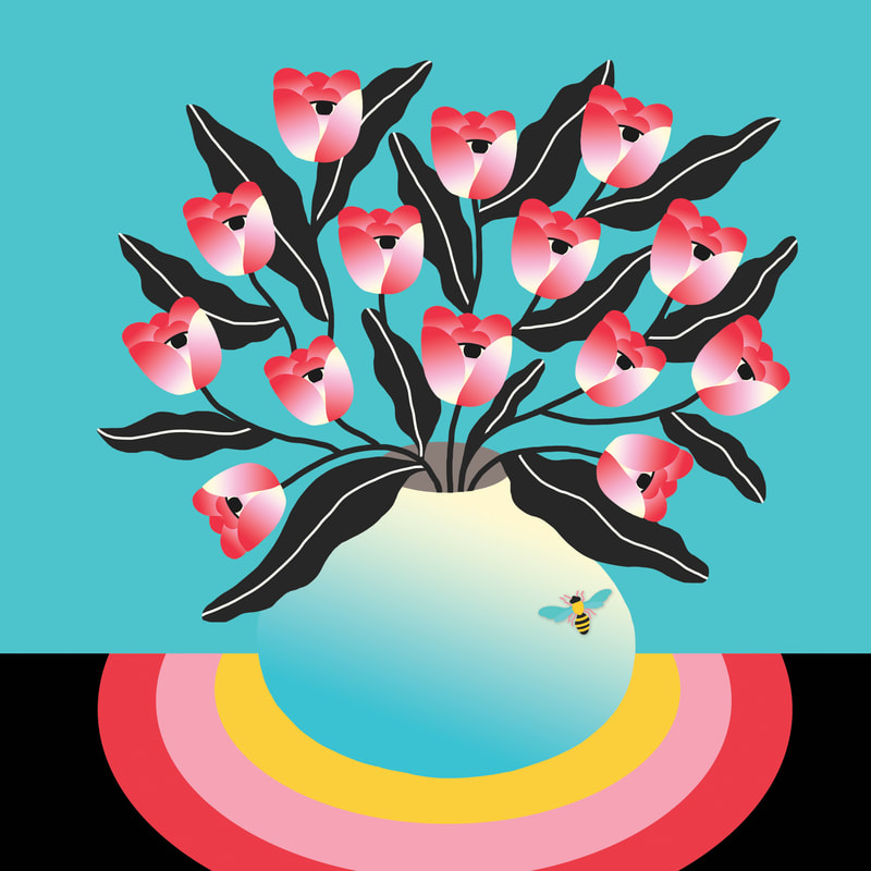 Album art, bee on a vase of tulips with eyes in them